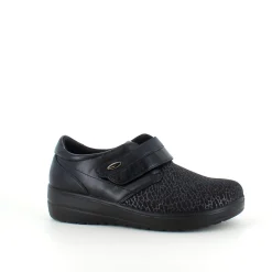 Damesko i sort PU med mønstret overdel, velcrolukning og fleksibel PU-sål