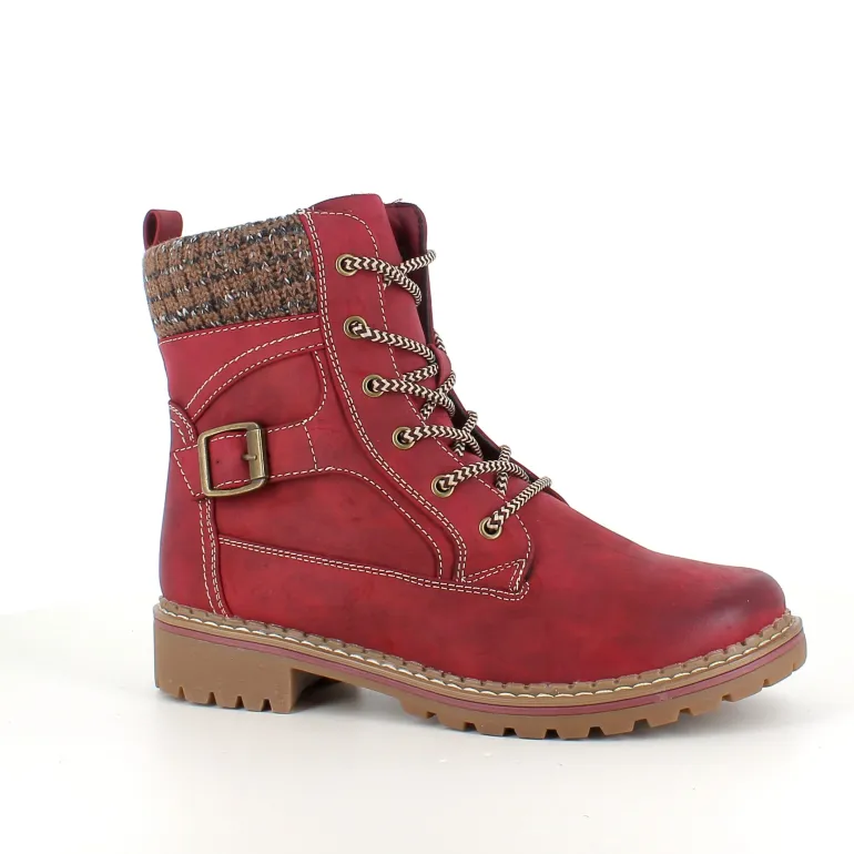 Rød damestøvle med snørebånd, lynlås og varmt for – dekorativ spænde og TPR-sål