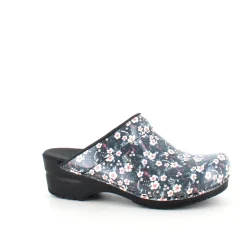 Sanita tøffel-træsko med sort/hvide blomster