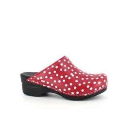 Sanita træsko med rødt og hvidt prikmønster