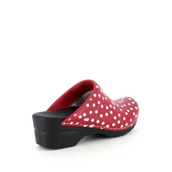 Sanita træsko med rødt og hvidt prikmønster