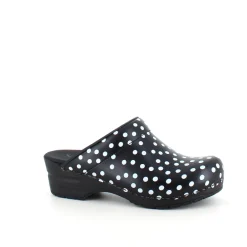 Sanita træsko med sort og hvidt prikmønster