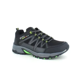 Sort sko med overdel i eftergiveligt softshell med limegrønne detaljer