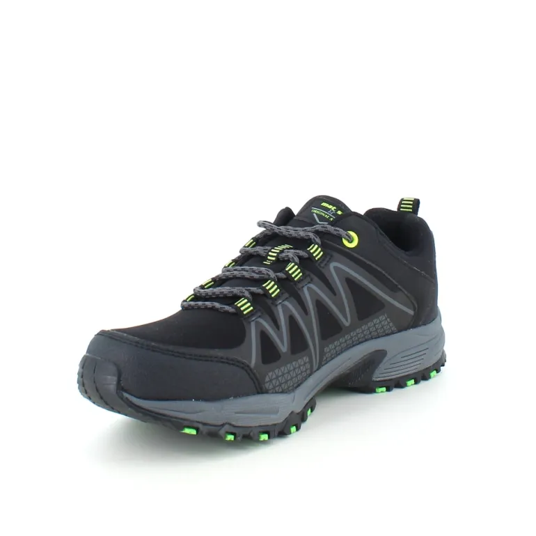 Sort sko med overdel i eftergiveligt softshell med limegrønne detaljer