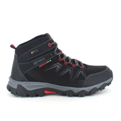 Sort vandrestøvle med røde detaljer og overdel i eftergiveligt softshell