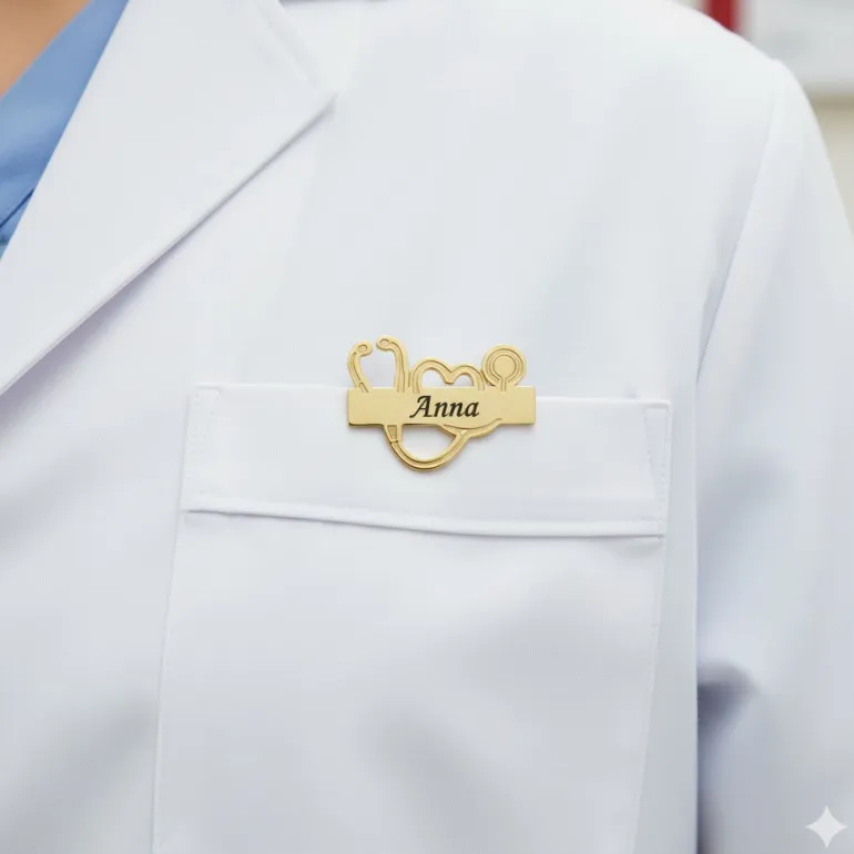 Stetoskop navneskilt i guldfarvet stål – professionelt og personligt look til sundhedspersonale