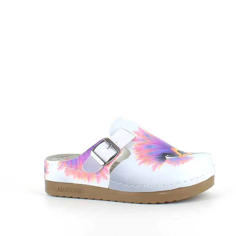 Træsko med print af en glad struds